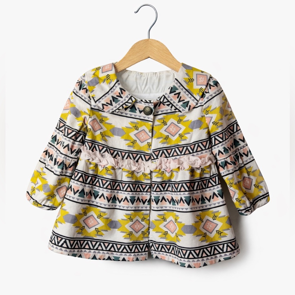 Handmade Southwestern Aztec Jacket Girls Size 3/4 Ruffle Boho Coat Rustic Chic